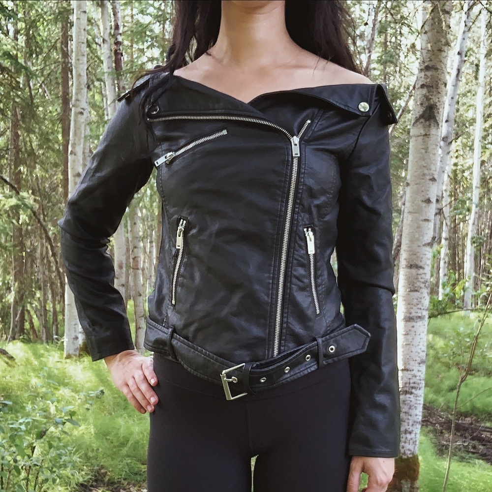 Missguided Off Shoulder Faux Leather Biker Jacket